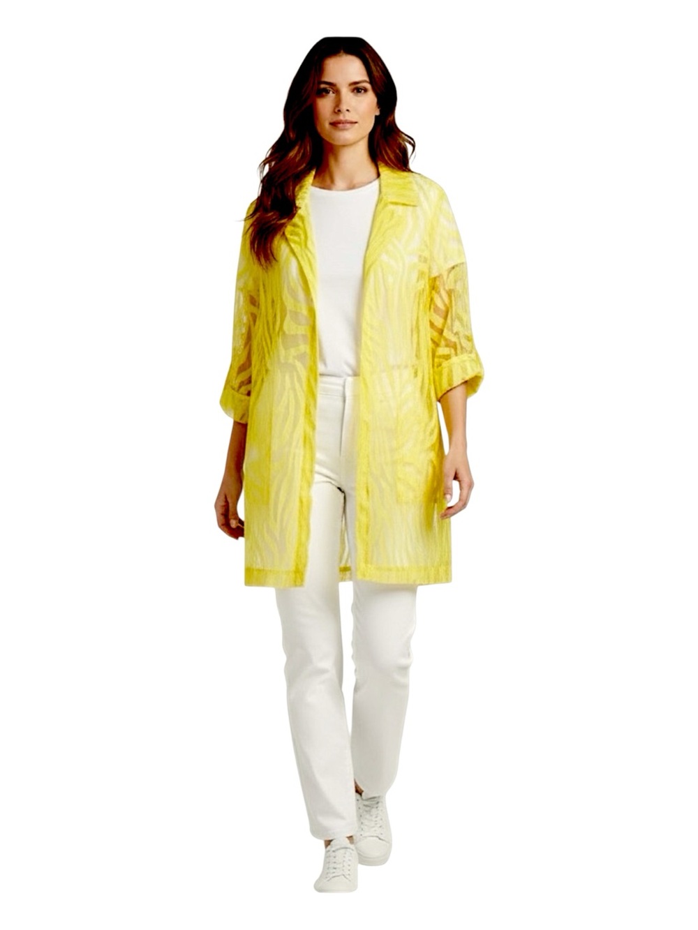 Ally Yellow Sheer Oversized Zebra-Print Top One Button Soft Lapel Collar
